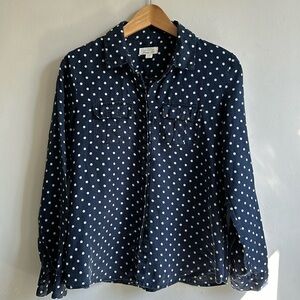 100% Linen navy & white polka dot button down shirt women’s medium petite